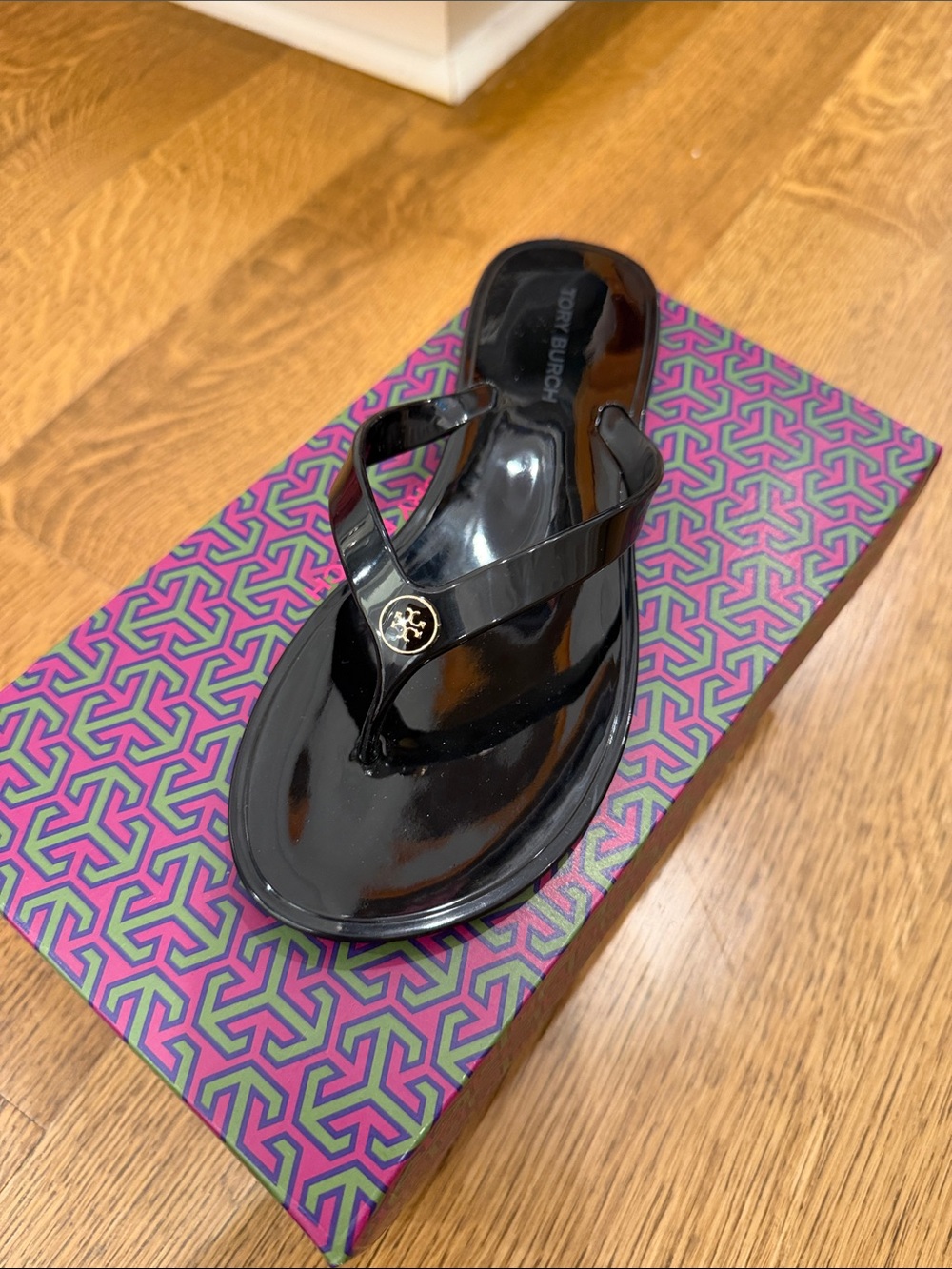 Tory Burch Black Patent Logo Thong Sandal